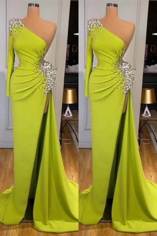 Mermaid Yellow Green Long Sleeves Prom Dress Split With Beads