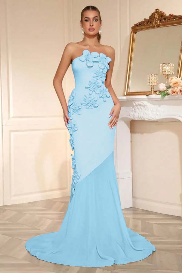 Elegant Sleeveless Satin Square Strapless Mermaid Prom Dress With Handmade Flower