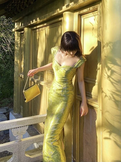 Elegant Sheath Straps Print Flower Green Satin Party Dress Evening Dress SH2867
