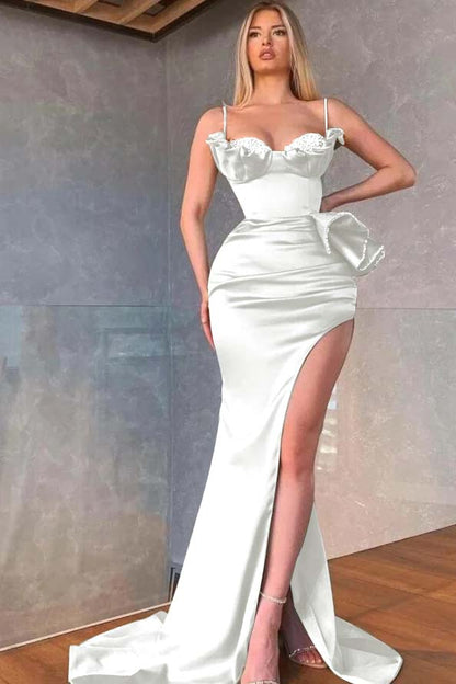 Dusty Sage Spaghetti-Straps Prom Dress Mermaid Split With Beadings Ruffles