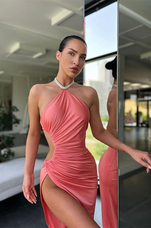Halter Sleeveless Pink Mermaid Prom Dress Long Slit Online
