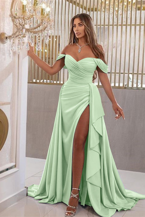 Sky Blue Split Elegant Mermaid Sweetheart Prom Dress With Off-The-Shoulder
