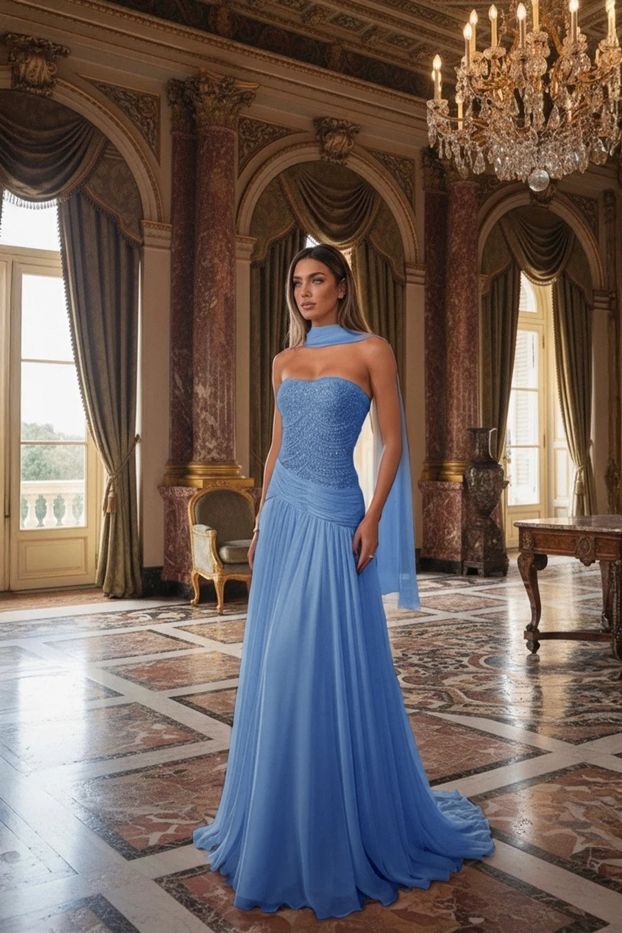 Strapless Beadings Sleeveless Square Prom Dress With Scarf