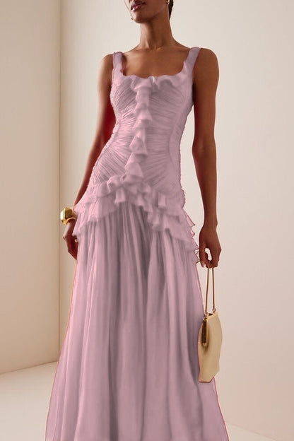 Elegant Ruffled Red Sleeveless Square Long Prom Dress With Pleated