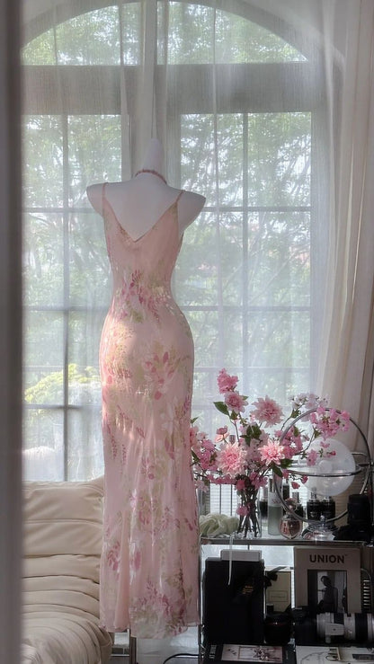 Flowy Elegant Pink Print Floral Beaded Chiffon Evening Dress Party Dress SH3473