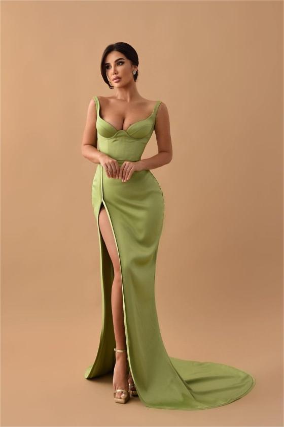 Sage Mermaid Spaghetti Straps Prom Dress With Slit