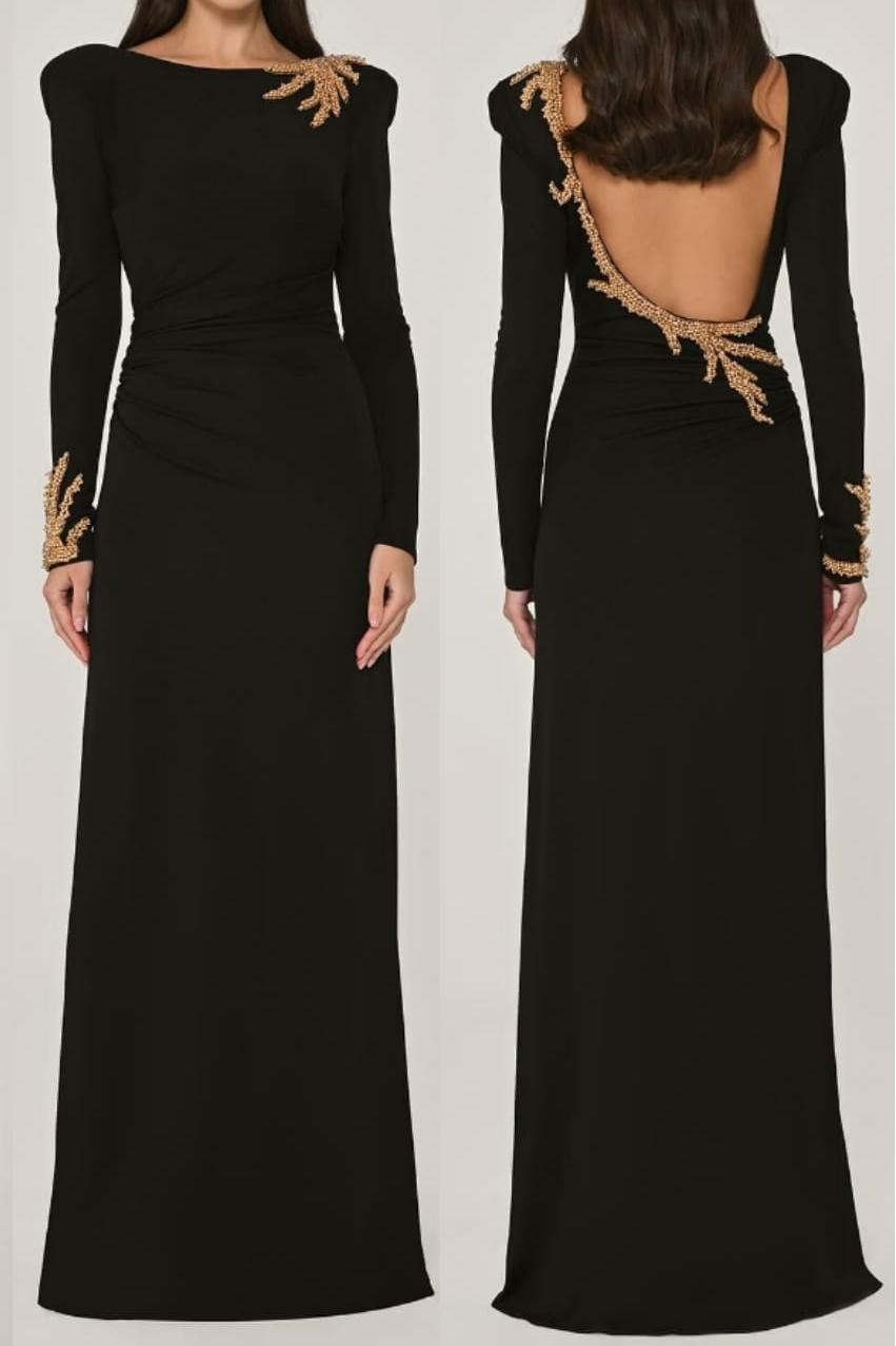 Chic Black Satin Long Sleeves Squre Neck Prom Dress with Rhinestone