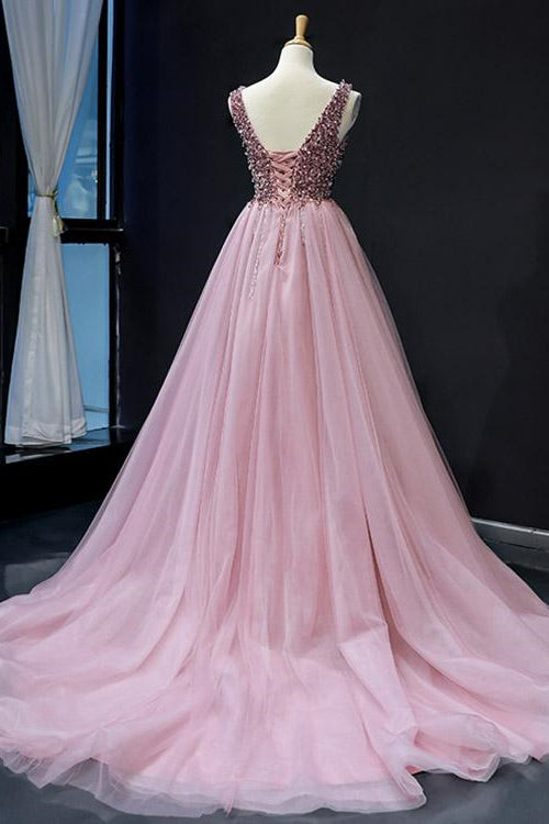 Pink V-Neck Mermaid Sleeveless Prom Dress With Beadings On Sale