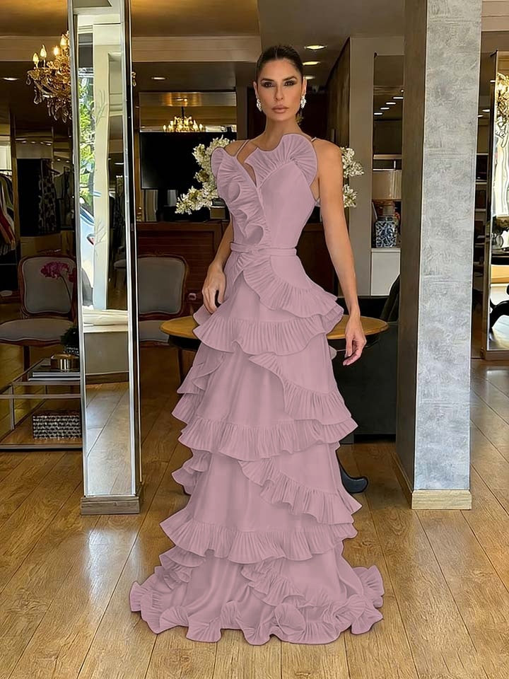 Structured Spaghetti Straps Sleeveless Ruffles Floor Length Evening Dress
