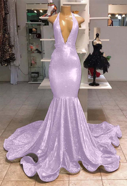 V-Neck Mermaid Evening Dress Halter With Sequins