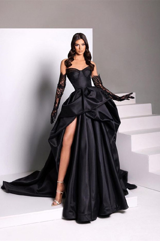 Black Sweetheart Slit Prom Dress With Long Lace Gloves