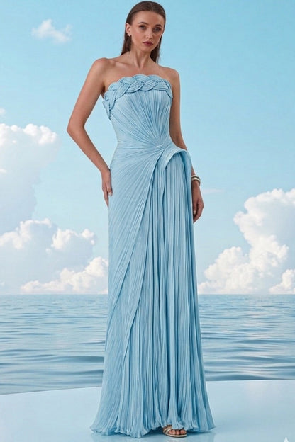 Dreamy Sky Blue Sleeveless Pleated Evening Dress With Braided Neckline