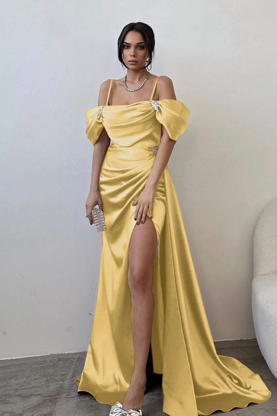 Exquisite Satin Spaghtti Strap Off the Shoulder Long Split Prom Dress with Beadings