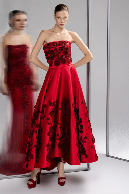Red Sleeveless Square A Line Prom Dress With Handmade FLower