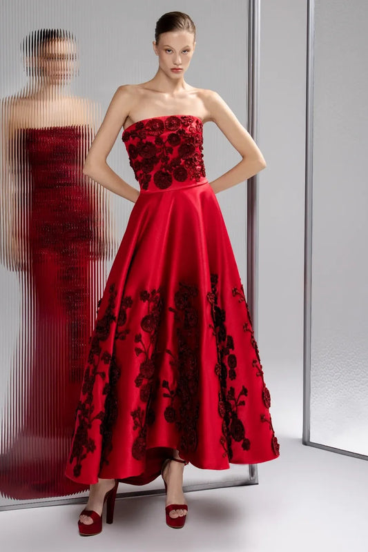 Red Sleeveless Square A Line Prom Dress With Handmade FLower