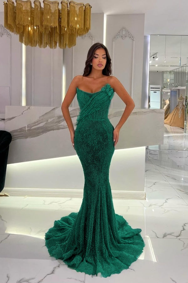 Gorgeous Strapless Sequins Mermaid Prom Dress With 3D-Blumen
