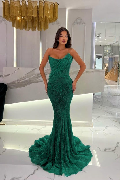 Gorgeous Strapless Sequins Mermaid Prom Dress With 3D-Blumen