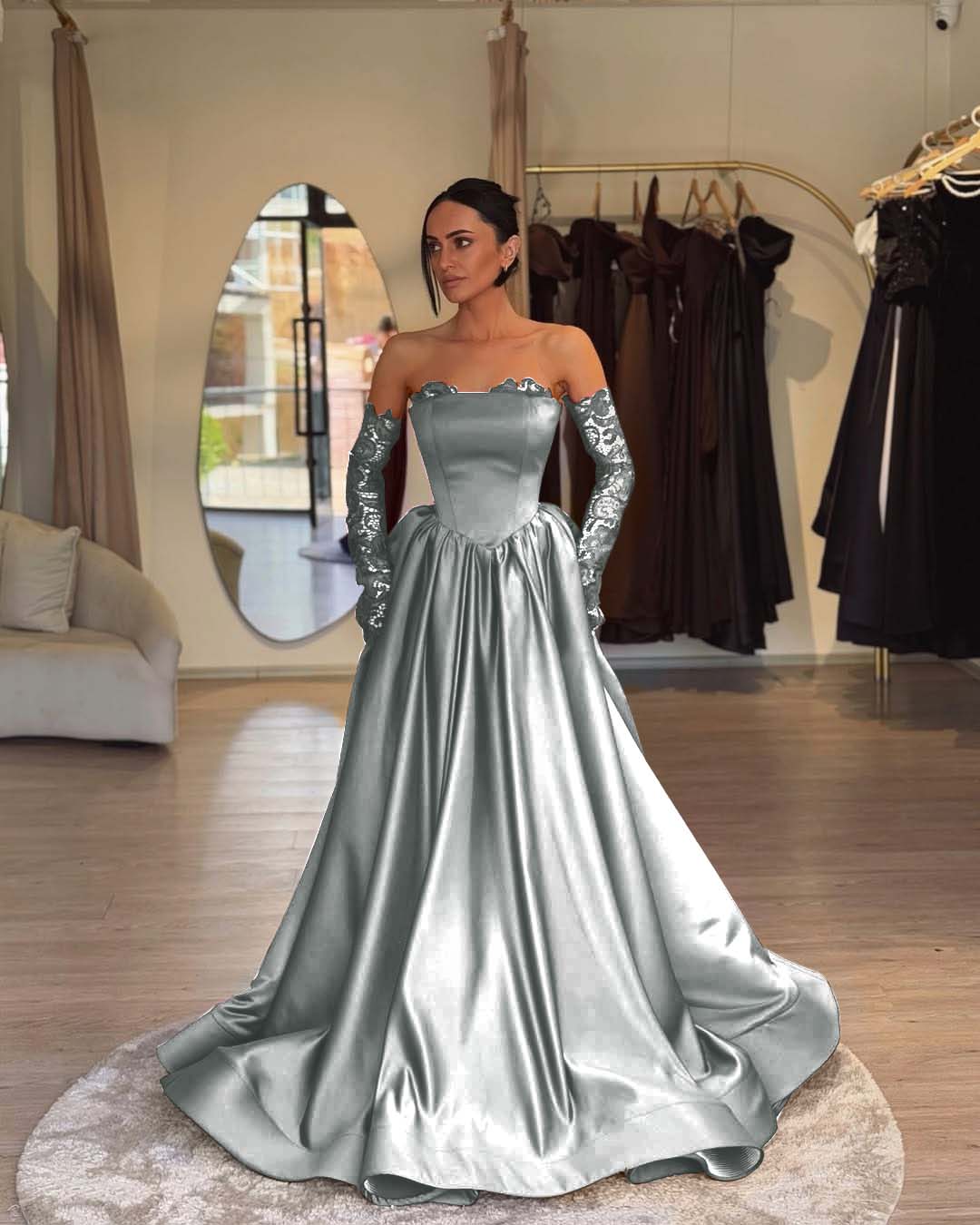Elegant Sleeveless Strapless A Line Prom Dress With Lace Gloves
