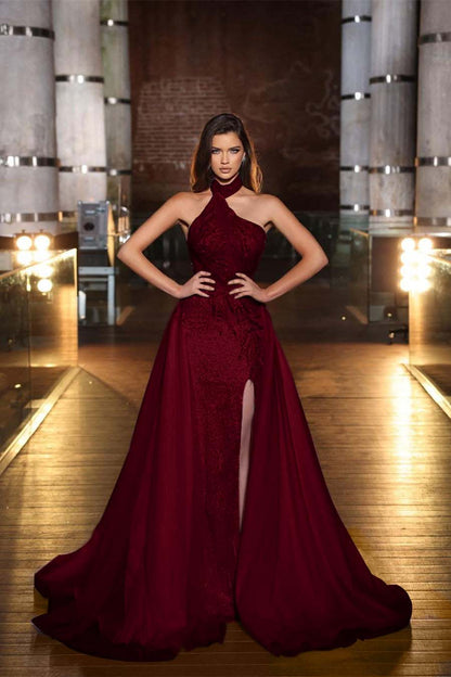 Purple Halter Mermaid Prom Dress Tulle Ruffles With Slit Appliques