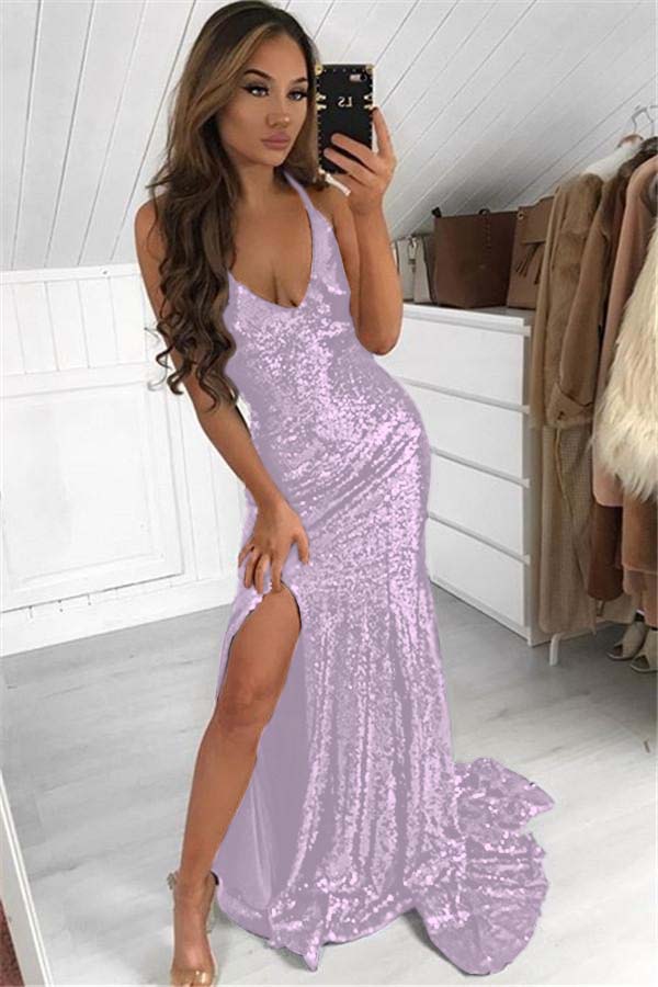 Dark Navy Sequins Prom Dress Modern V-Neck