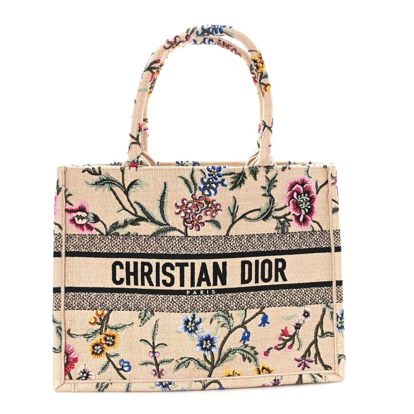 Raffia Embroidered Petites Fleurs Medium Book Tote Natural