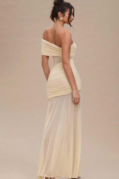Chic Daffodil Chiffon One Shoulder Mermaid Strapless Prom Dress with Pleated