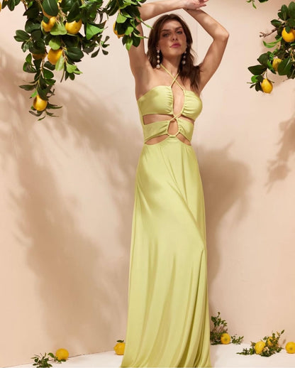 Yellow Sleeveless Halter Straps Deep V-Neck Mermaid Prom Dress