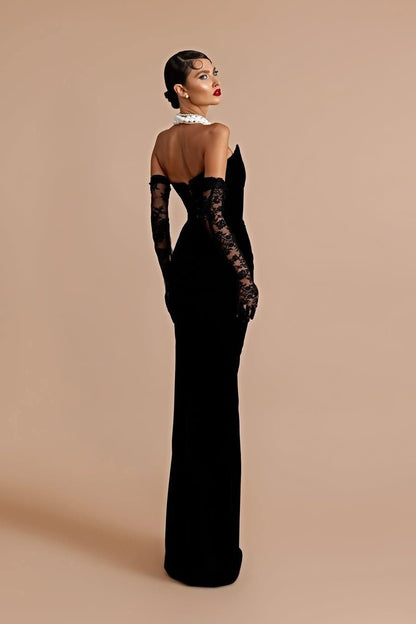 Stunning Black Velvet Sleeveless Strapless Long Split Prom Dress with Gloves