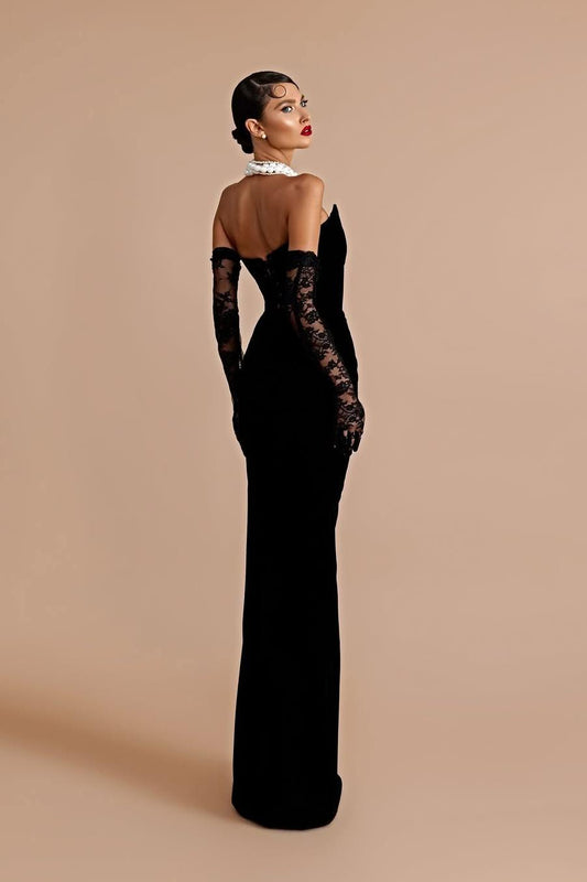 Stunning Black Velvet Sleeveless Strapless Long Split Prom Dress with Gloves