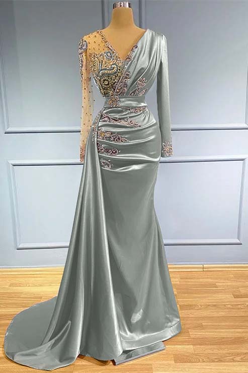 Long Sleeves Beadings Prom Dress V Neck Mermaid