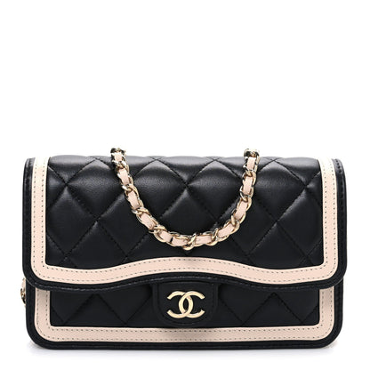 Lambskin Quilted Phone Holder Wallet With Chain Black Beige