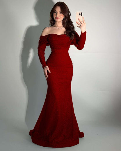 Glamorous Off-The-Shoulder Long Sleeves Beads Mermaid Prom Dress