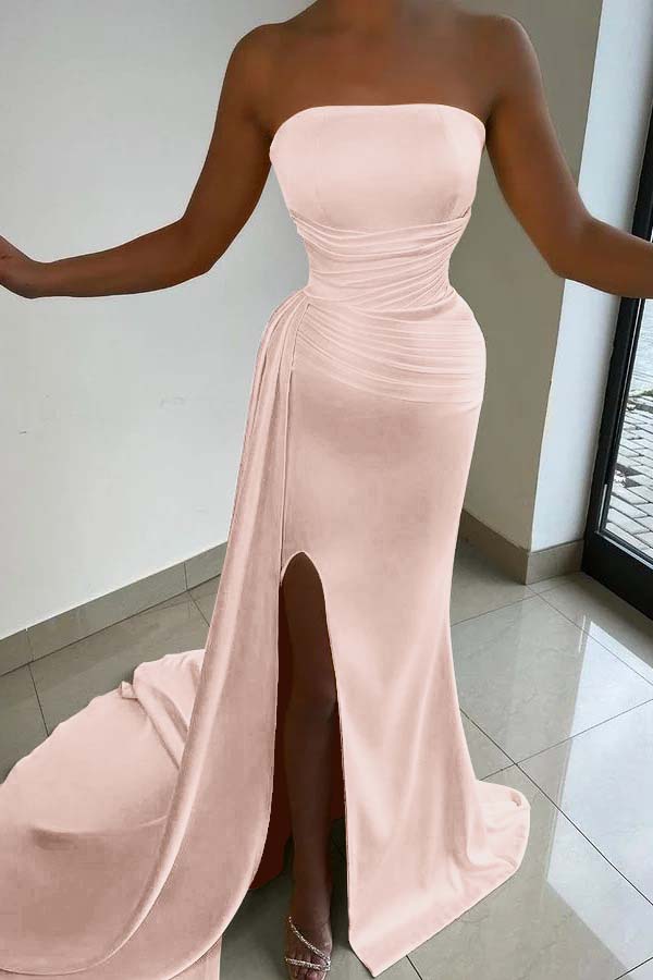 Yellow Strapless Prom Dress Court With Split