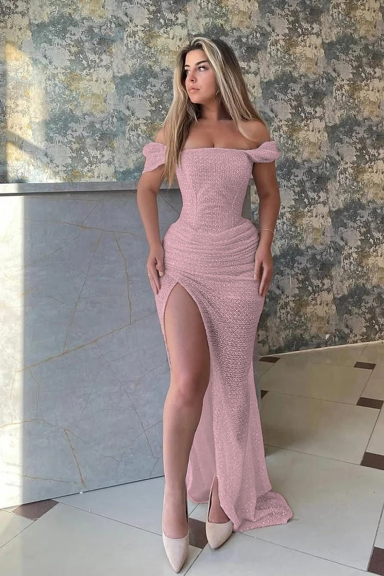 Sleeveless Square Off Shoulder Split Prom Dress With Sequins