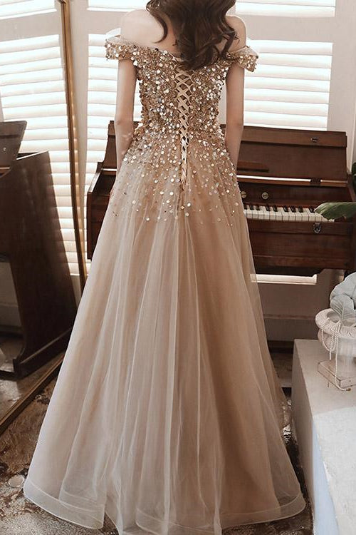 Champagne Long Evening Dress Off-The-Shoulder Sweetheart Sequins