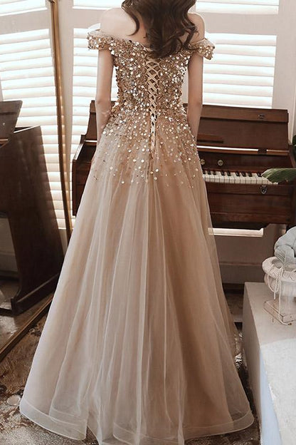 Champagne Long Evening Dress Off-The-Shoulder Sweetheart Sequins