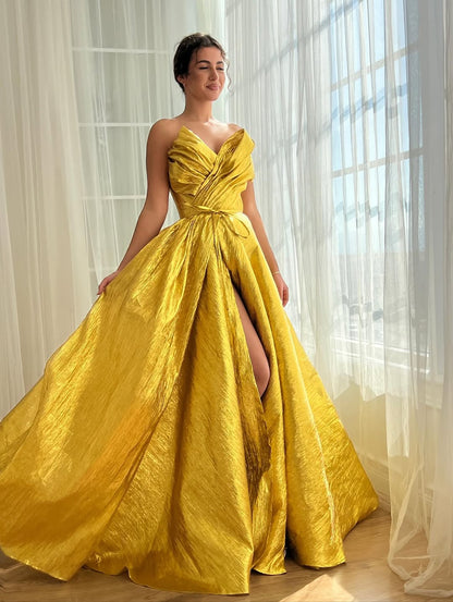 Chic Sleeveless V Neck Strapless A Line Slit Prom Dress