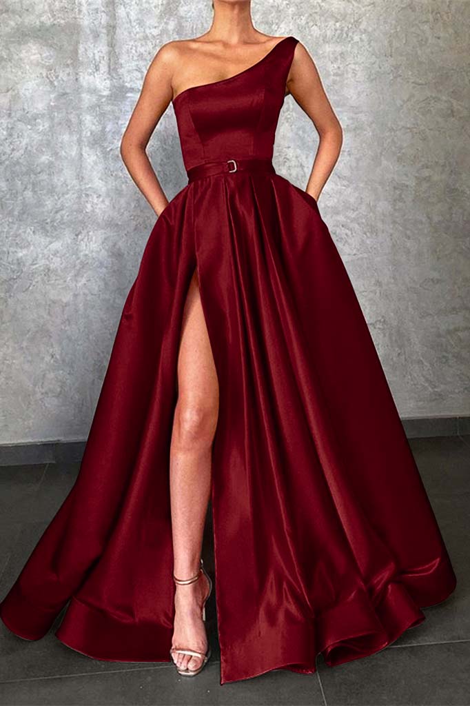 Glamorous One Shoulder Red Prom Dress Slit With Pockets