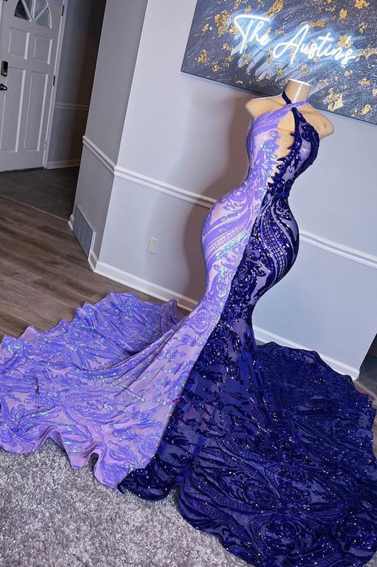 Purple Halter Beaded Sequins Mermaid Prom Dress With Appliques