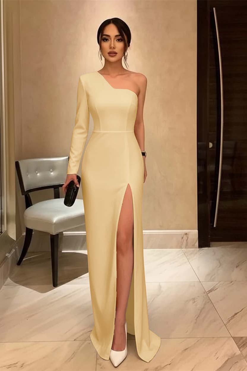 One Shoulder Black Long Sleeve Prom Dress