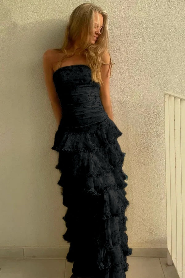 Glamorous Daffodil Sleeveless Strapless Long Evening Dress With Ruffles