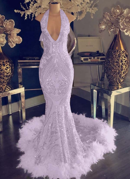 Mermaid Sequins Halter Prom Dress Open Back