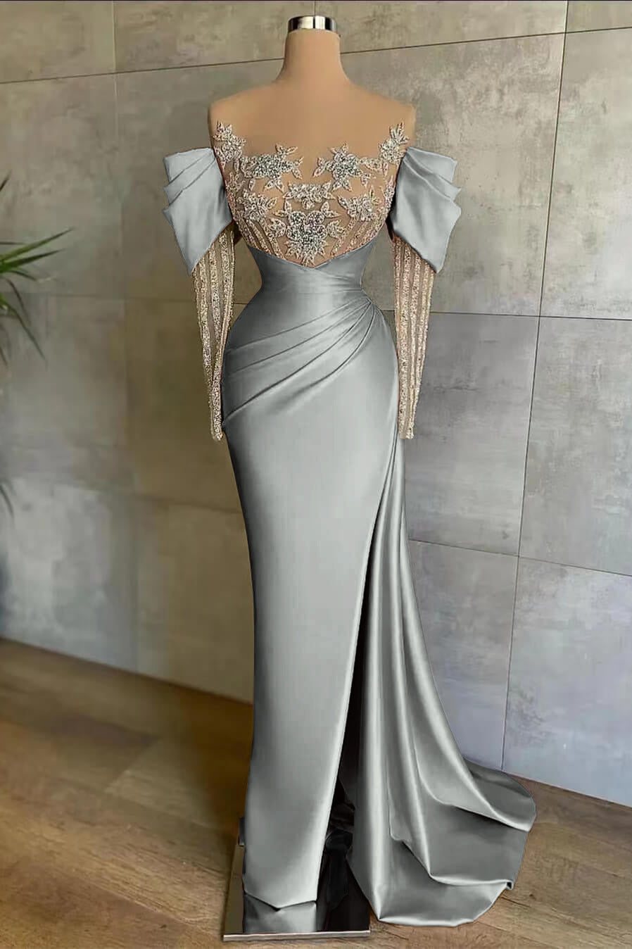 Pink Front Split Mermaid Long Sleeves Prom Dress Beadings With Appliques Off-The-Shoulder