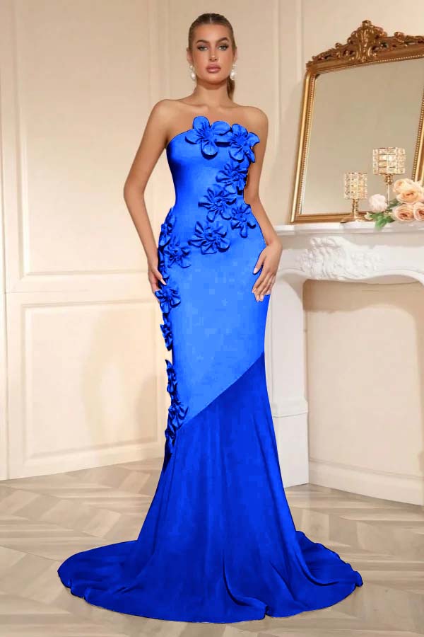Elegant Sleeveless Satin Square Strapless Mermaid Prom Dress With Handmade Flower