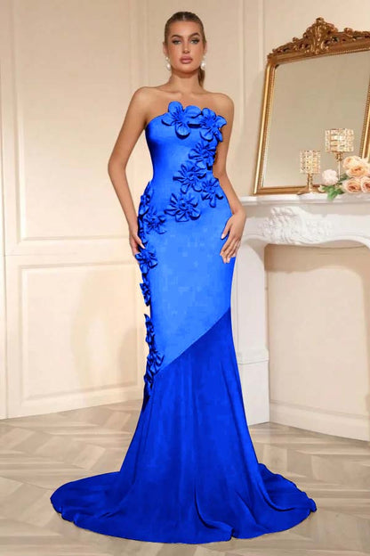 Elegant Sleeveless Satin Square Strapless Mermaid Prom Dress With Handmade Flower