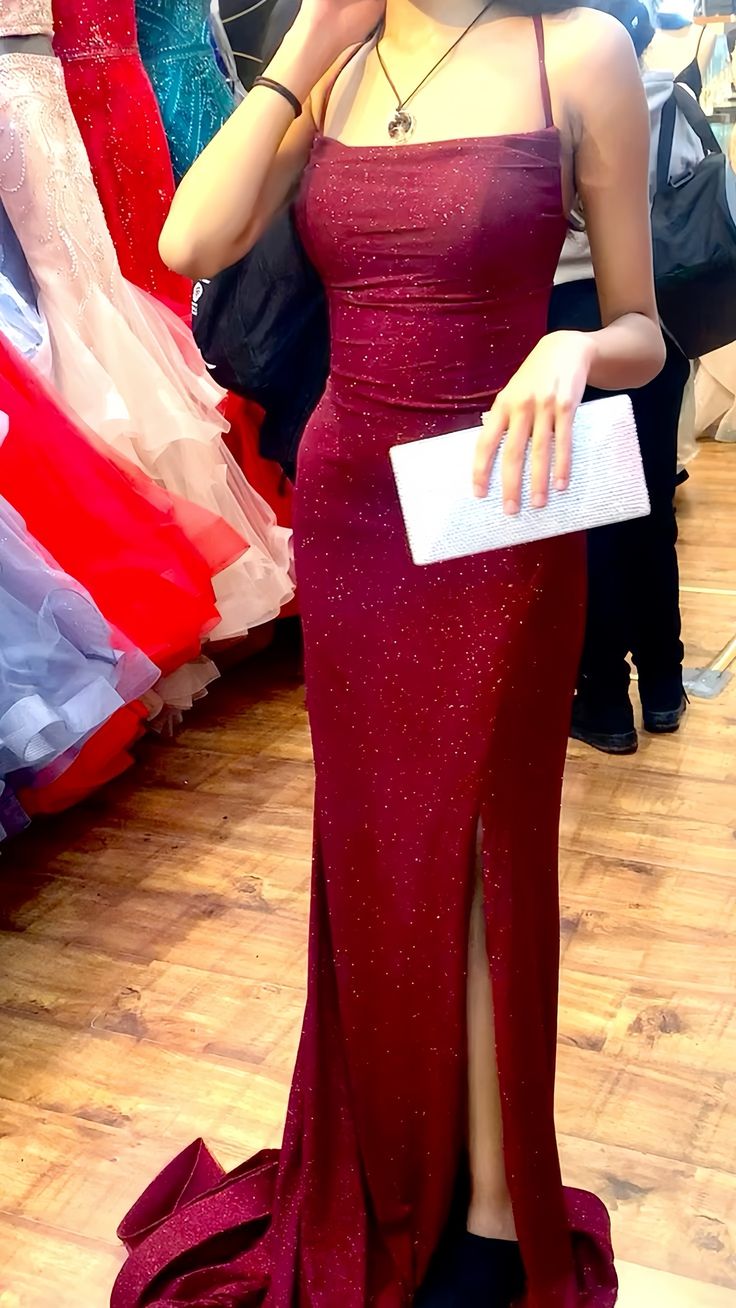 Sexy Mermaid Spaghetti Straps Burgundy Long Evening Dress Satin Prom Dresses SD1507