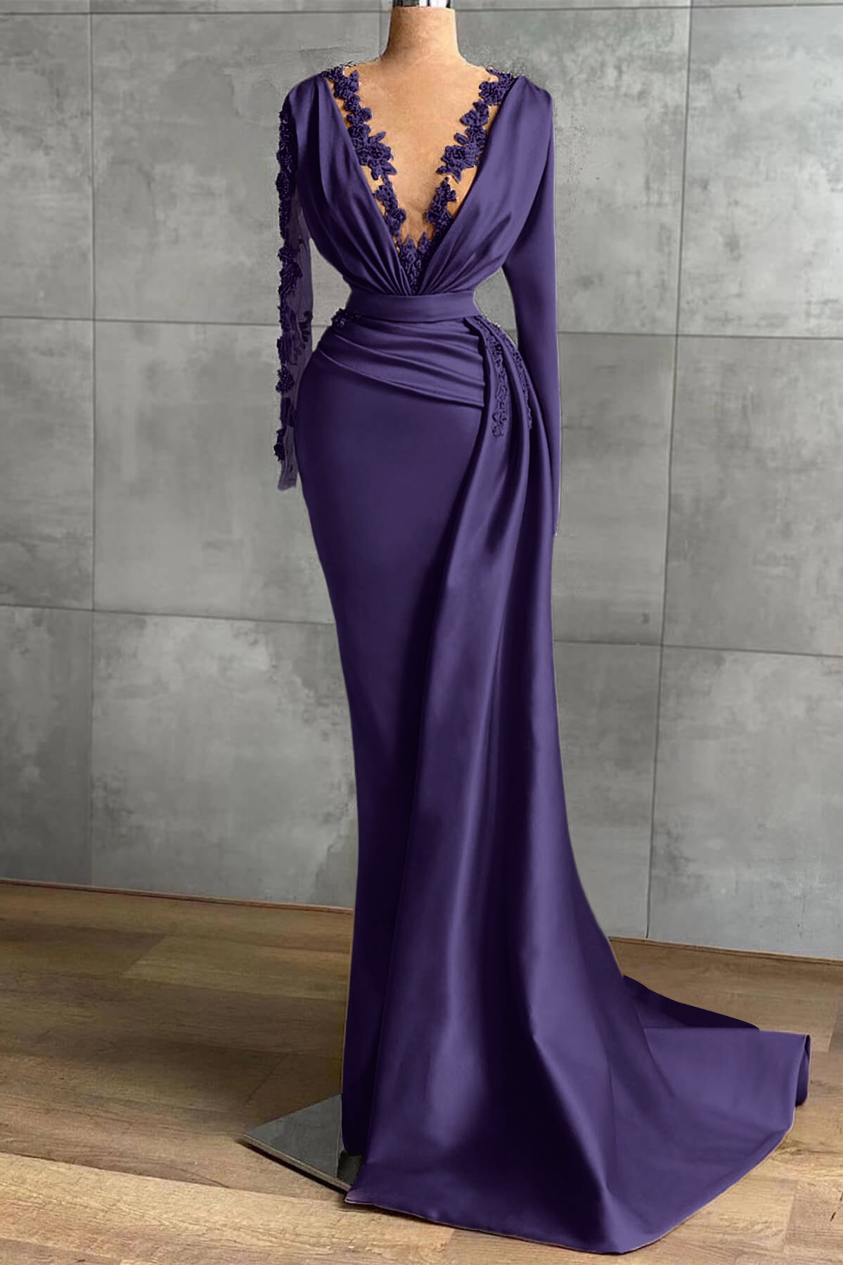 Lavender V Neck Ruffles Prom Dress Applique Mermaid With Long Sleeves