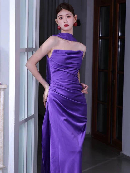 Charming Purple Strapless Mermaid Satin Long Party Dress Evening Gown, D968