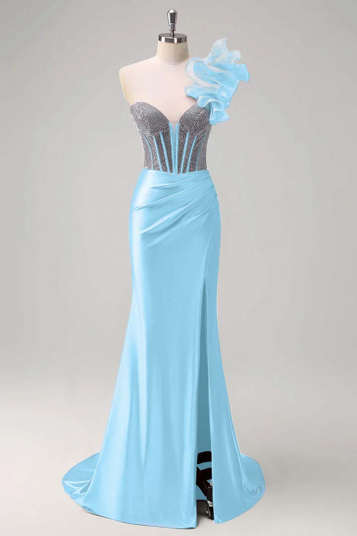 Strapless Handmade Flower Backless Mermaid Slit Prom Dress With Beading
