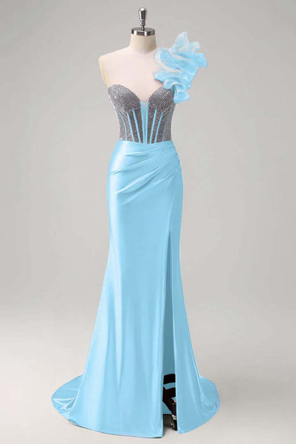 Strapless Handmade Flower Backless Mermaid Slit Prom Dress With Beading